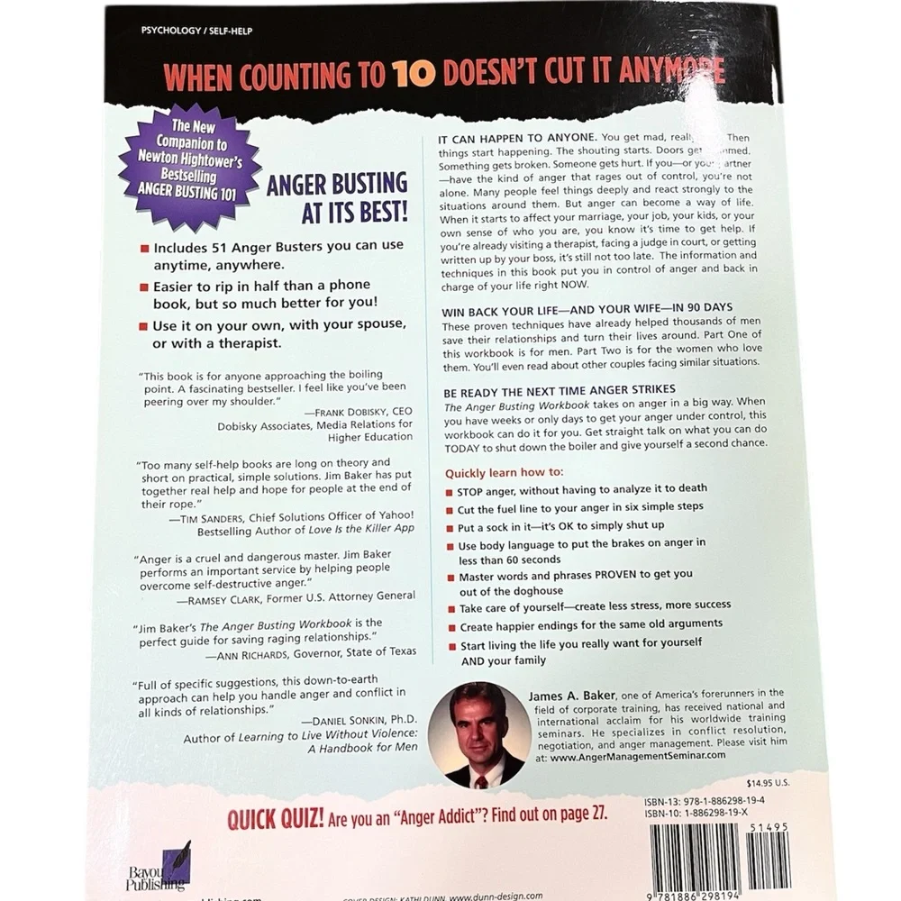 The Anger Busting Workbook Simple Powerful Techniques by James A. Baker VGC